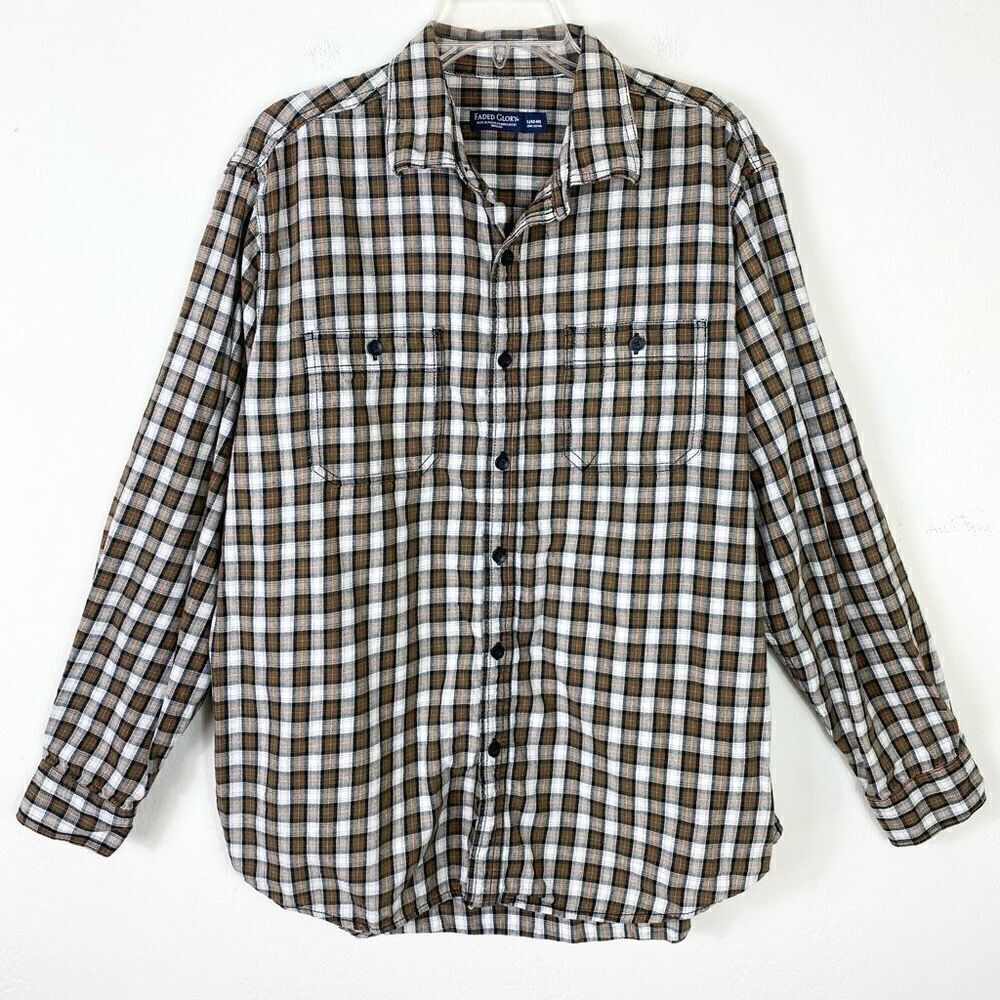 Faded Glory White & Olive Plaid Long Sleeve Button Up Shirt Size L